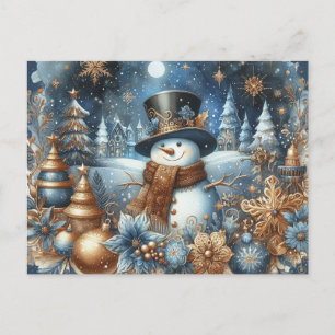 Cartão Postal Alegre boneco de neve em azul e dourado design cap