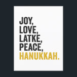 Cartão Postal Alegria Amor Latkes Paz Hanukkah Divertido Judaico<br><div class="desc">divertido, judaico, latke, presente, aniversário, chanukah, judeu, feriado, menorá</div>