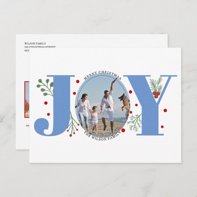 Cartão Postal Alegria Azul com foto de férias de Natal com bagas (Frente/Verso)