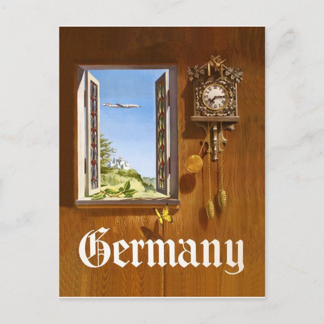 Cartão Postal Alemanha, relógio de madeira e vista da janela (Frente)