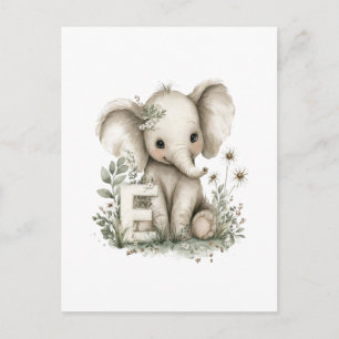 Cartão Postal Alfabeto de Animais Bebês em Aquarela Fofa, Elefan