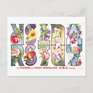 Cartão Postal Alfabeto de Frutas e Flores Vintage R-V
