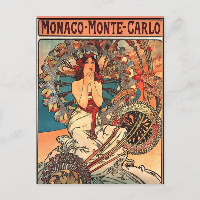 Cartão Postal Alfons Mucha trabalho de arte, Mônaco - Monte Carl (Frente)
