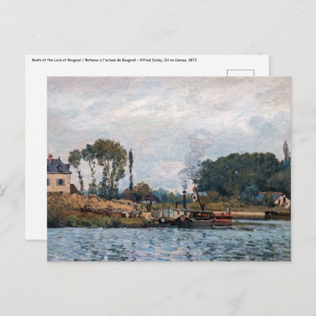 Cartão Postal Alfred Sisley - Barcos no Bloqueio em Bougal (Frente/Verso)