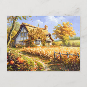 Cartão Postal Algodão de outono por Campo de Trigo e Pumpkins