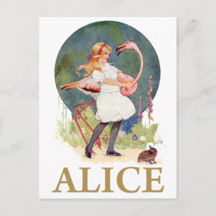 CARTÃO POSTAL ALICE E FLAMINGO DE PINK JOGAM CROQUET