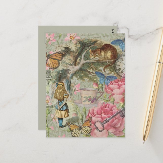 Cartão Postal Alice Gato de Cheshire Árvore Jardim Wonderland (Frente/Verso In Situ)