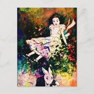 Cartão Postal Alice Giant no País das Maravilhas e Coelho Branco
