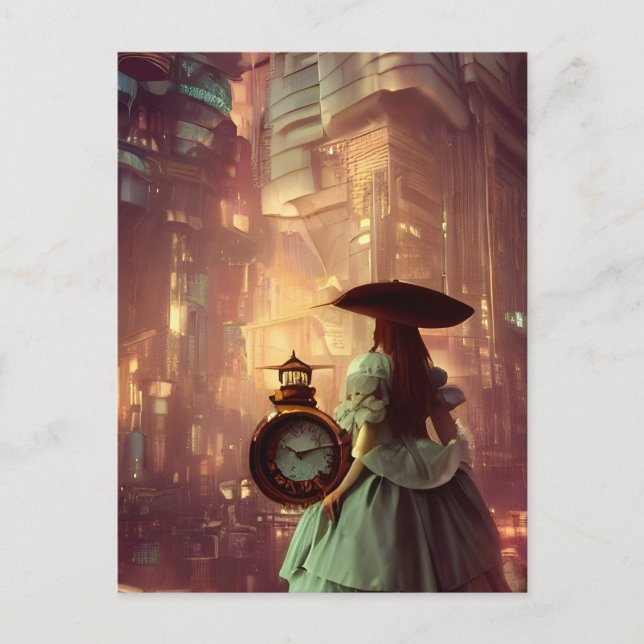 Cartão Postal Alice Steampunk na Cidade do Retrofuturismo (Frente)