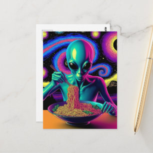 Cartão Postal Alienígena Azul Comendo Macarrão 