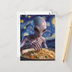 Cartão Postal Alienígena Azul Comendo Macarrão e Legumes