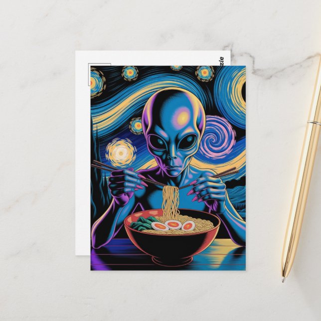 Cartão Postal Alienígena Azul Comendo Ramen (Frente/Verso In Situ)
