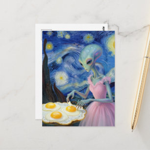 Cartão Postal Alienígena Azul Vestido Rosa Come Ovos Fritos Fals