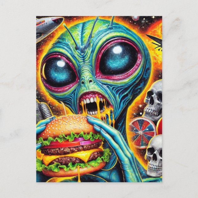 Cartão Postal Alienígena Divertida Comendo Cheeseburger (Frente)