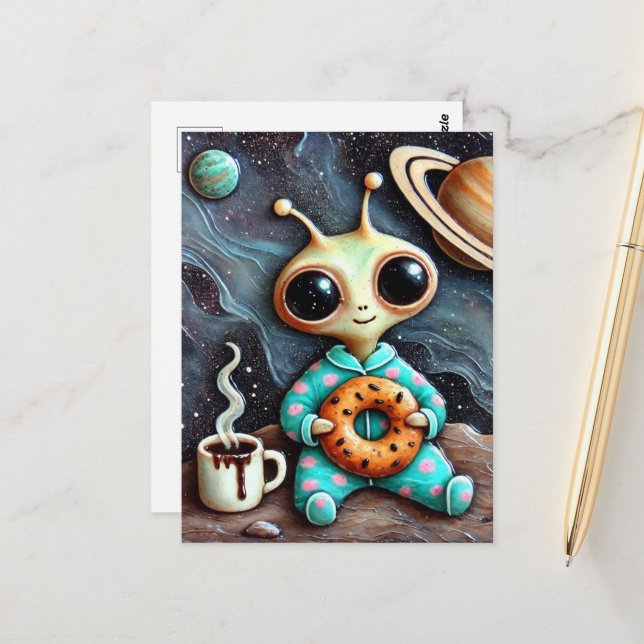 Cartão Postal Alienígena em PJs Azuis com Café e Bagel (Frente/Verso In Situ)