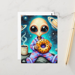 Cartão Postal Alienígena em PJs com café e Bagel