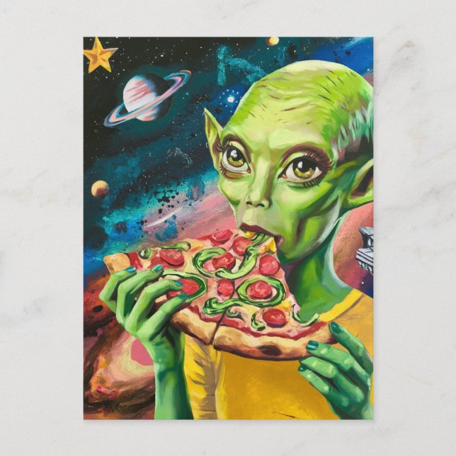 Cartão Postal Alienígena engraçada na Pizza de Comida Espacial (Frente)