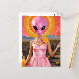 Cartão Postal Alienígena engraçada senhora rosa