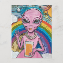 Cartão Postal Alienígena engraçada, senhora rosa com suco laranj
