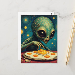 Cartão Postal Alienígena Engraçado e Fofo Comendo Ovos Fritos