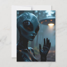 Cartão Postal Alienígena extraterrestre feminina e OVNI
