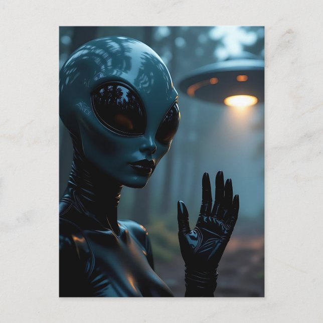 Cartão Postal Alienígena Feminina Extraterrestre e OVNI (Frente)