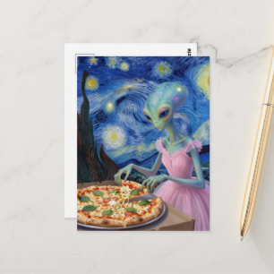 Cartão Postal Alienígena Fofa de Vestido Rosa Come Pizza Falso V