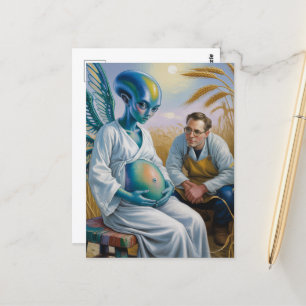 Cartão Postal Alienígena Grávida com Asas em Campo de Trigo Surr