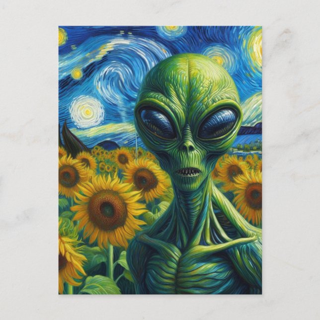 Cartão Postal Alienígena no campo girassol Faux Van Gogh (Frente)