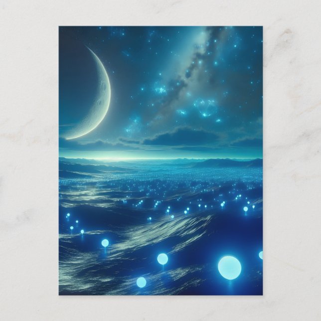 Cartão Postal Alienígena Planeta e Alienígena LIfeforms em Azul (Frente)