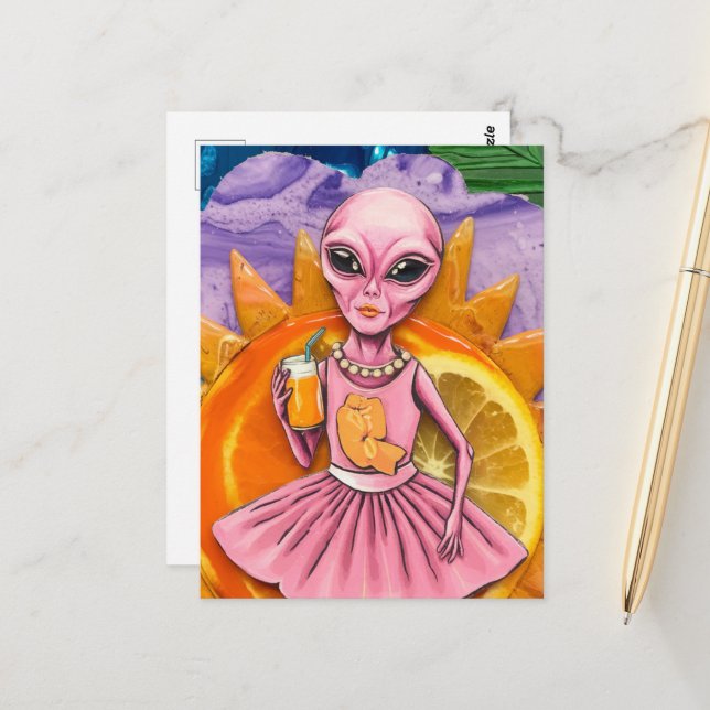 Cartão Postal Alienígena Rosa com Sumo Laranja Sol Laranja (Frente/Verso In Situ)