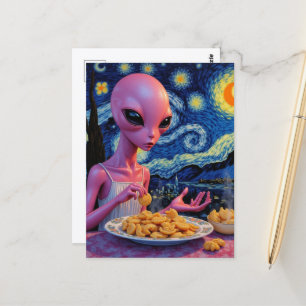 Cartão Postal Alienígena Rosa Comendo Pierogies