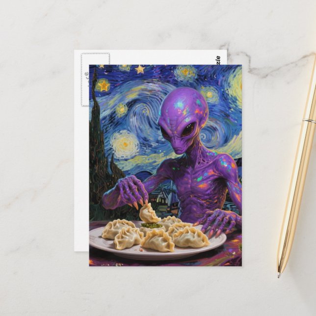 Cartão Postal Alienígena Roxo Comendo Perogies (Frente/Verso In Situ)