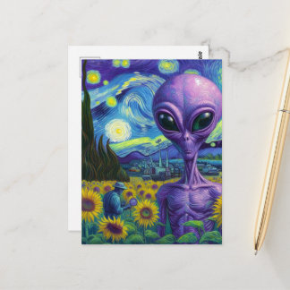 Cartão Postal Alienígena Roxo em um Campo de Girassóis Falso de