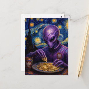 Cartão Postal Alienígena Roxo Polonês Comendo Pierogies Noite Es