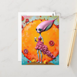 Cartão Postal Alienígena surreal de rosa com suco laranja