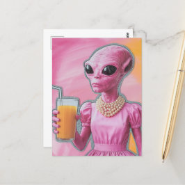Cartão Postal Alienígena surreal de rosa com suco laranja