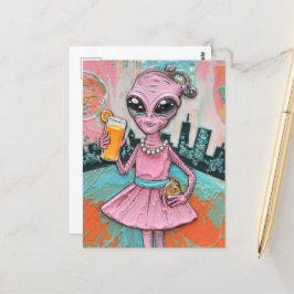 Cartão Postal Alienígena surreal de rosa com suco laranja