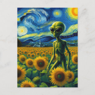 Cartão Postal Alienígena Verde em um Campo de Girassol Van Gogh