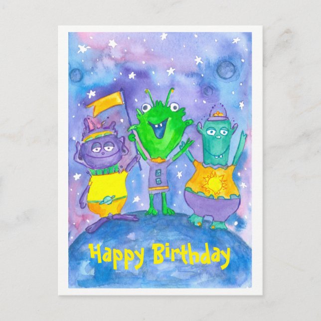 Cartão Postal Aliens de Feliz Aniversário do Exterior (Frente)