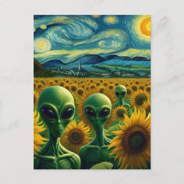 Cartão Postal Aliens verdes em um campo de girassol Van Gogh (Frente)