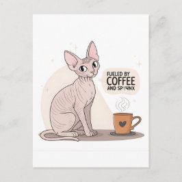 Cartão Postal Alimentado por Café e Ilustração de Gato Sphynx