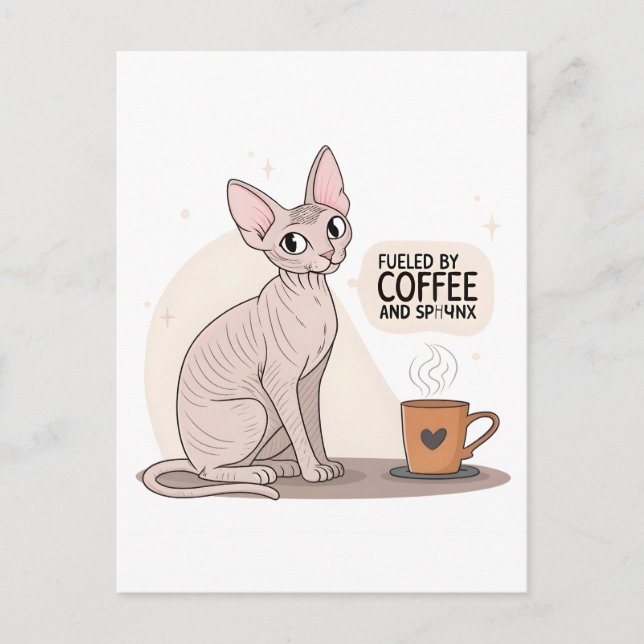 Cartão Postal Alimentado por Café e Ilustração de Gato Sphynx (Frente)