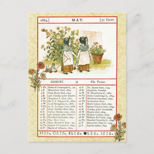 Cartão Postal Almanaque de Maio de 1884. Gêmeos, Os Gêmeos (Frente)