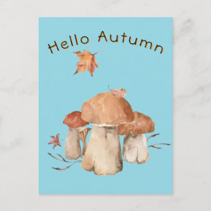 Cartão Postal Alô Autumn Dry Leaf Mushroom Watercolor