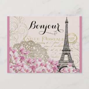 Cartão Postal Alô Colagem Vintage da Torre Eiffel com Flores
