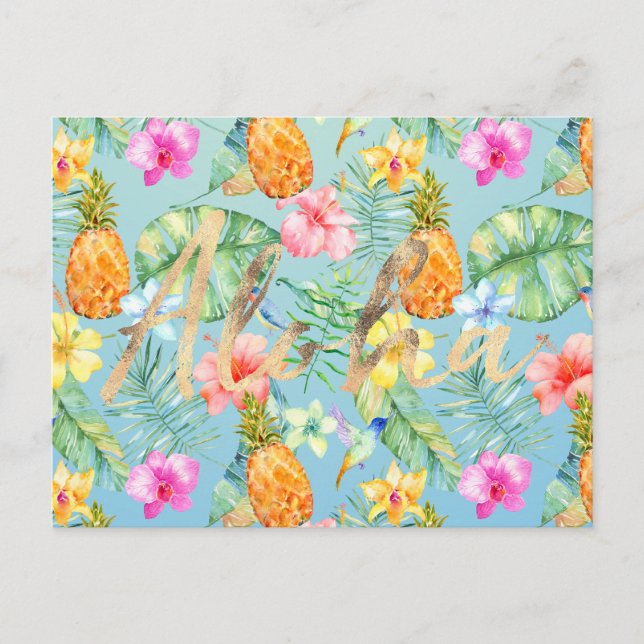 Cartão Postal Aloha Dourado Floral de Aves Tropicais (Frente)