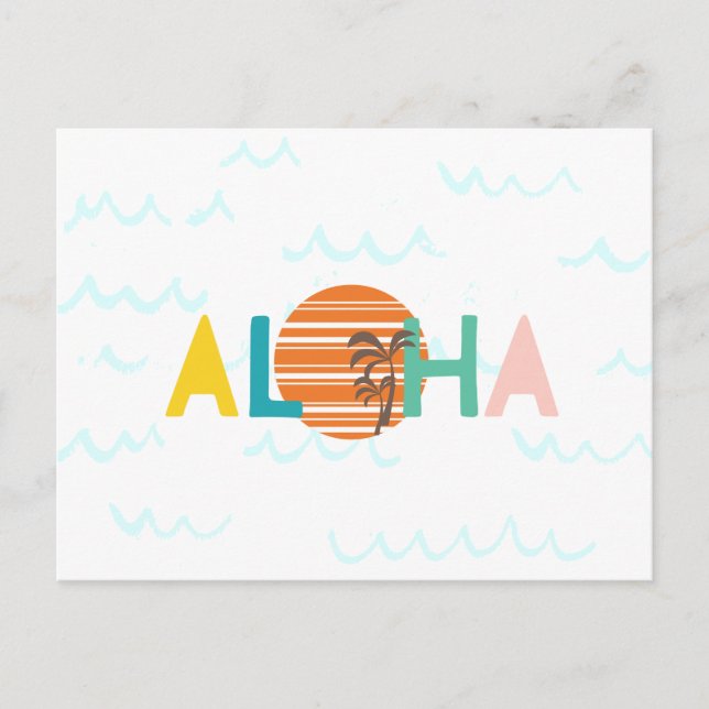 Cartão Postal Aloha Hawaii Beach Waves, Sunset, Palm Treine Card (Frente)