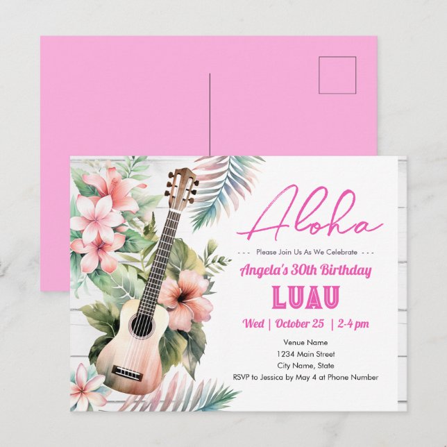 Cartão Postal Aloha Luau Ukulele Adulto Aloha (Frente/Verso)