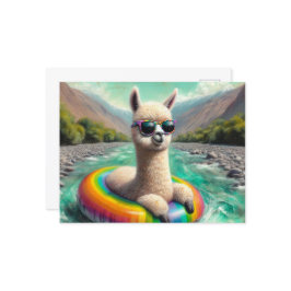 Cartão Postal Alpaca Adorável em uma flutuação colorida do arco-